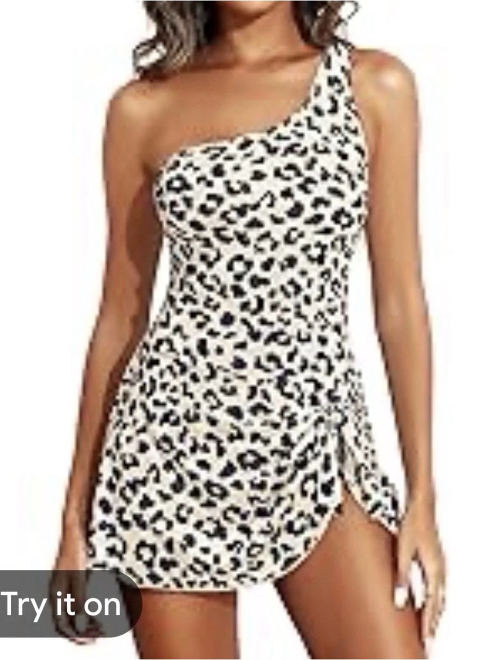 One-Shoulder Leopard Print Swimdress in White and Black